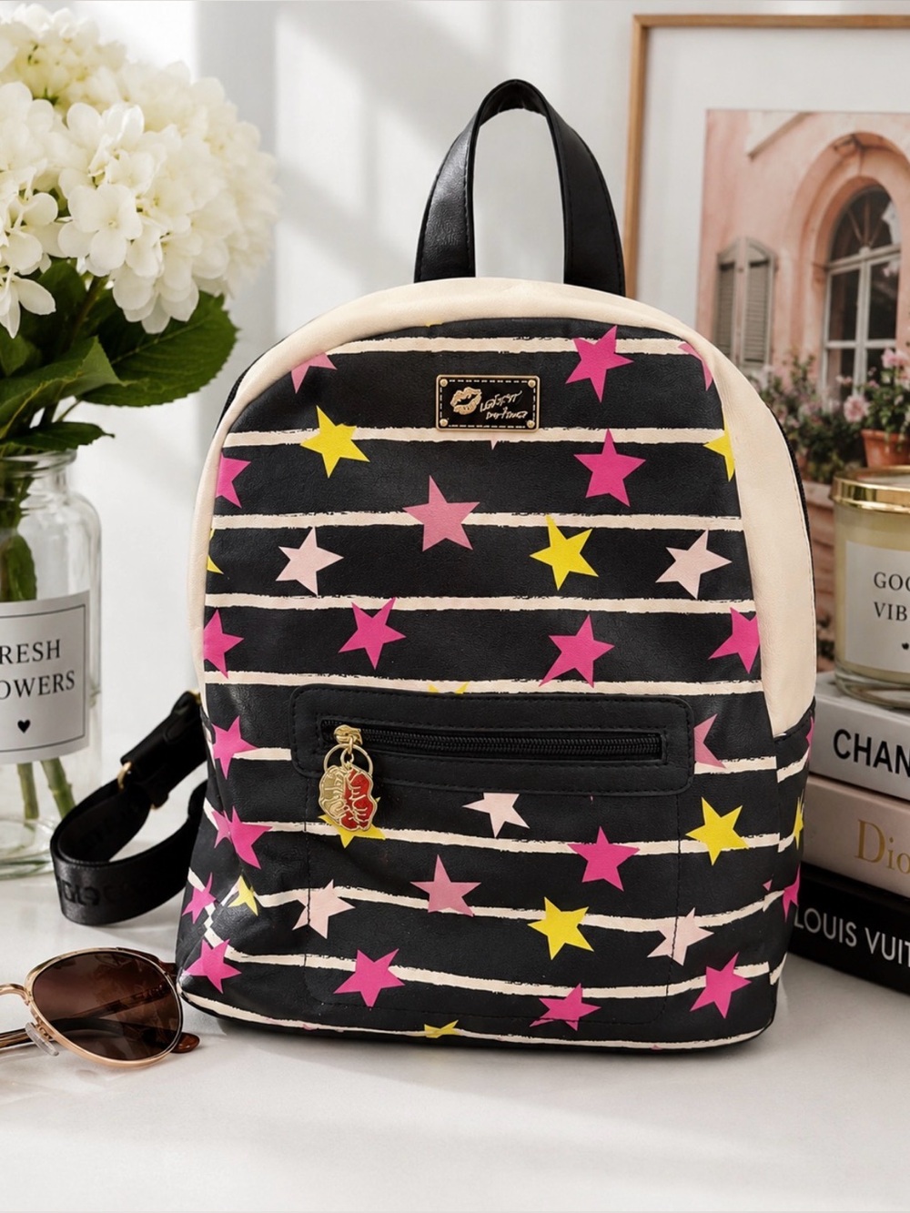 Betsey Johnson midnight star Graphic Kiss Plaque Accent backpack